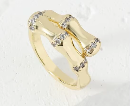 A gold-tone ring with bamboo-inspired lines and clear stone accents — alternate view | Jeweliano