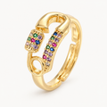 A gold-tone link-inspired ring with multicoloured stone accents — studio view | Jeweliano