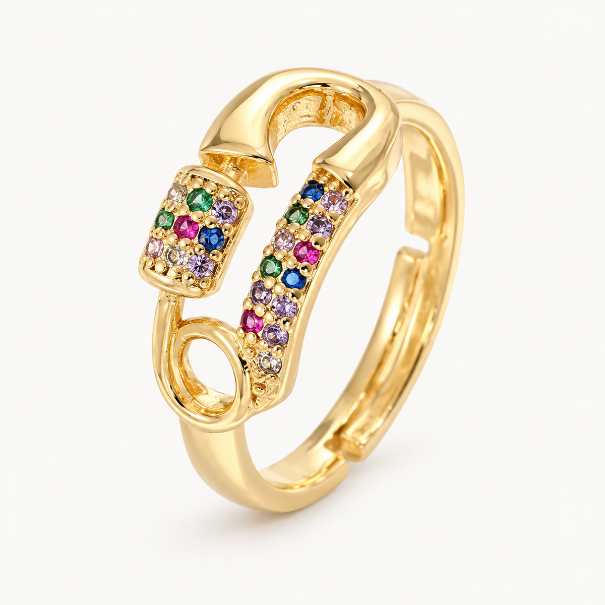 A gold-tone link-inspired ring with multicoloured stone accents — studio view | Jeweliano