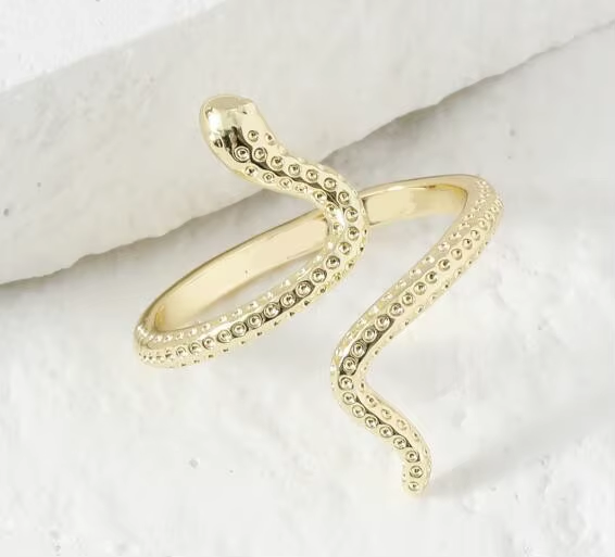 An open gold-tone ring with a winding serpent-inspired silhouette and textured detailing — alternate view | Jeweliano