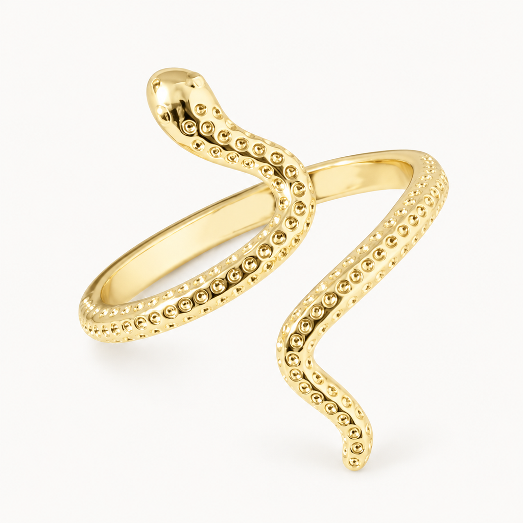 An open gold-tone ring with a winding serpent-inspired silhouette and textured detailing — studio view | Jeweliano
