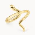 An open gold-tone ring with a winding serpent-inspired silhouette and textured detailing — studio view | Jeweliano